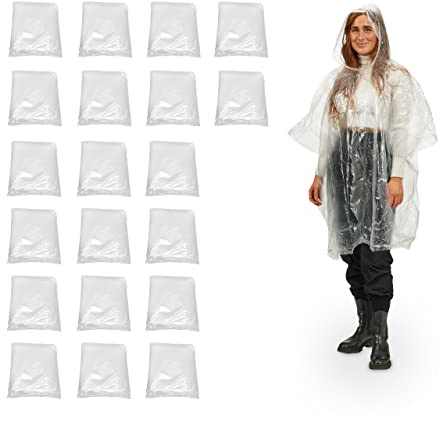 Relaxdays 40x Poncho Antipioggia Mantellina Impermeabile per Adulti, con Cappuccio, Monouso Unisex, PE, Trasparente