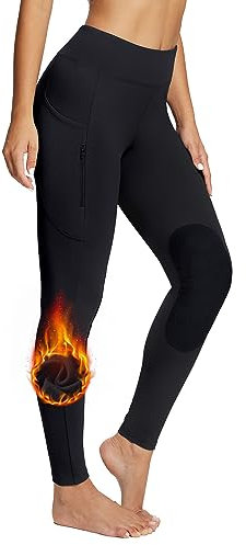baleaf Damen Reithose Winter Reitleggings Kniebesatz wasserabwiesend Thermoleggings gefüttert mit Handytasche für Frauen Mädchen Schwarz XXL