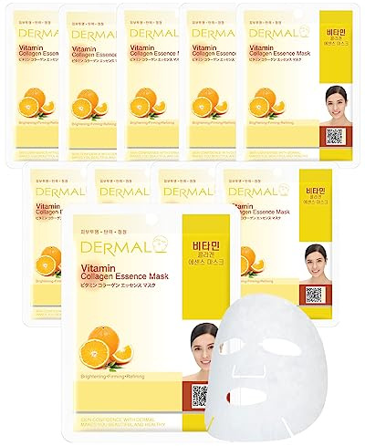 DERMAL 10 hojas de mascarilla facial coreana con esencia de colágeno y vitaminas – Brillo de la vitamina C y vitalidad de la piel, para pieles secas y sin brillo