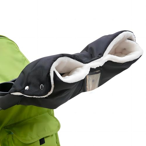 AUSYIWI Schwarze Kinderwagen Handwärmer mit Wolle innen, Atmungsaktiv wasserdicht, winddicht und frostsicherer Handschutz, Universalgröße für Kinderwagenzubehör, geeignet für Kinderwagen
