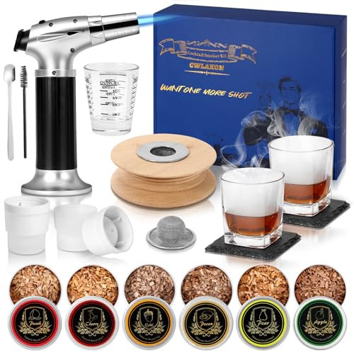 CWLAKON Cocktail Smoker Kit with Torch, Bourbon Whiskey Smoker Infuser Kit, 6 Flavors Wood Chips, 2 Glasses, Old Fashioned Drink Smoker Kit, Christmas Birthday Gifts for Men, Dad, Husband(No Butane)