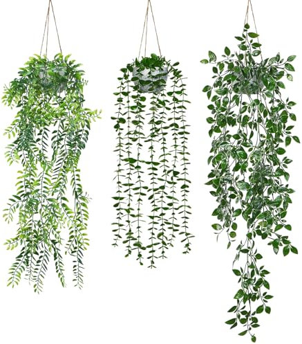 Betylifoy Artificial Hanging Plants, 2 Pack Fake Hanging Plant with Pots Artificial Trailing Plant Fake Potted Plants for Indoor Outdoor Patio Office Room Decor (Green Persian-3pcs)