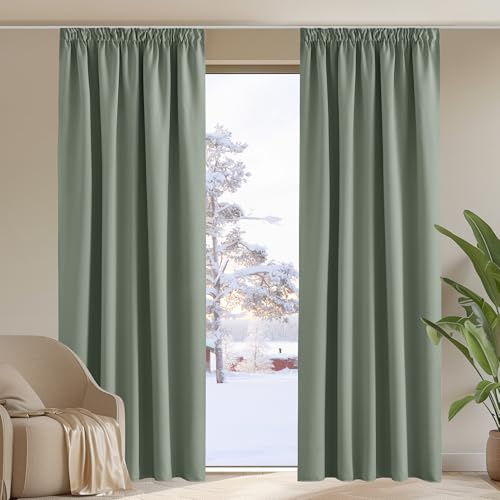 PONY DANCE Blackout Pencil Pleat Curtains, Sage Green, W55 x L102 Inch | Thermal Insulated Curtains with Noise Reducing & Privacy, Luxury Soft Window Treatment for Bedroom & Living Room, 2 Panels