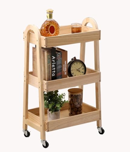 lamde 3-Tier Wooden Rolling Cart- Wooden Utility Cart wit Wheels- Utility Rolling Cart-Storage Trolley Organizer- Rolling Kitchen Cart Serving Cart for Office,Kitchen (Wooden Color)