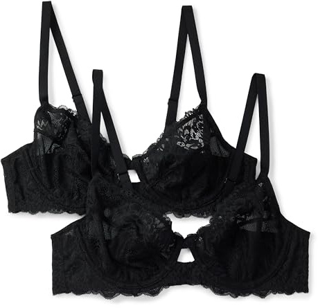 Amazon Essentials Sujetador Balconette de Encaje Elástico Mujer, Paquete de 2, Negro, 100C