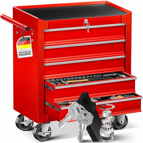 Masko® Carro de taller con 5 cajones y cerradura, rojo, metal macizo. Carro de herramientas profesional y movible sin equipamiento, carrito con ruedas para almacenamiento de herramientas con candado