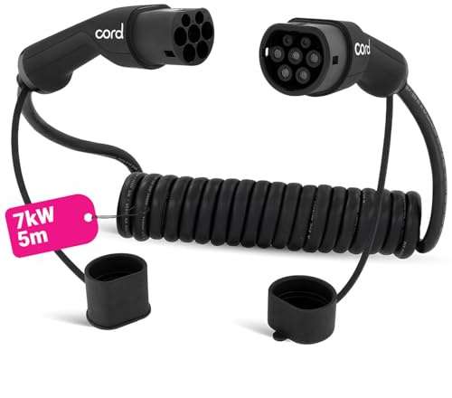 Cord Type 2 to Type 2 EV Coiled Charging Cable, 32amp, 7kW, 5 Metre, Single Phase, Black & White (Usable length ~3.5m)