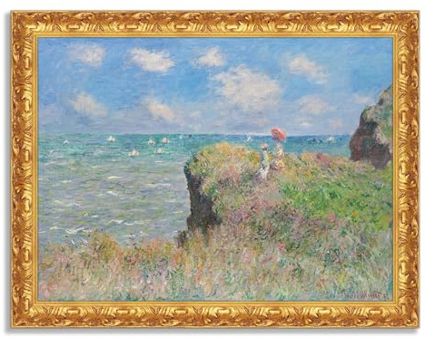 LuxHomeDecor Claude Monet - Scogliere a Pourville - Quadro stampa su tela effetto dipinto con cornice in legno oro classico - 80x60 cm
