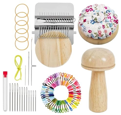 Mini Mushroom Darning Looms, Mushroom Knit Patch Kit with 14 Hooks, 14 Large Eye Needles & 50 Color Threads, Mini Speedweve Style Weaving Darning Looms | Handcraft DIY Weaving Repair Tool for Beginner