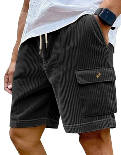 PADOLA Short Velours Côtelé Homme été Taille Elastique Sport Shorts de Plage avec Multi Poches Baggy Bermuda Pantalon Cargo de Travail Cordon de Serrage Jogging Pantacourt Running