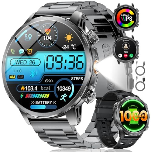 LIGE Smartwatch Uomo con Torcia LED/1000mAh, 1.85'' Orologio Smart Watch con Chiamata Bluetooth, IP68 Impermeabile 110+ modalità Sportive Cardiofrequenzimetro SpO2 e Sonno per iOS Android