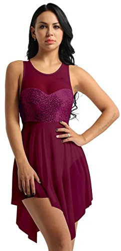 dPois Damen Ballett Kleid Trikot Tanzkleid Pailletten Ärmellos mit Asymmetrischem Tüllrock Ballettbekleidung Training Auftritt für Turnen Gymnastik Tanz Weinrot X-Large