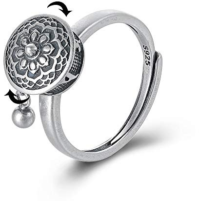 LOVECOM 925 Sterling Silver Lotus Rotating Fidget Rings for Women Mom 14k Gold Plated Good Luck Buddhist Tibetan Prayer Wheel Anxiety Spinner Ring Adjustable Relieving Stress Ring Jewelry Gifts