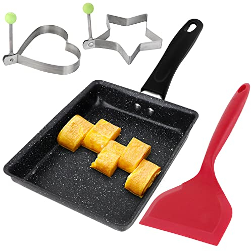 BOJVESH Japanese Omelette Pan, Mini Rectangle Egg Pan with Wide Silicone Spatula and 2 Fried Egg Rings, Non-Stick Tamagoyaki Frying Pot Home Kitchen Cooking Tools for Induction Cooker Gas Stove