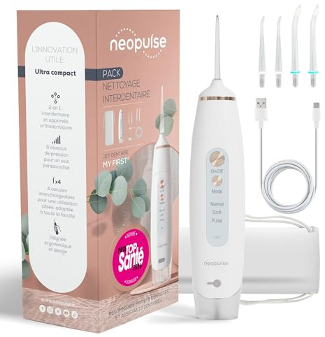 NEOPULSE MY FIRST® Munddusche – kabelloser elektrischer Wasserflosser – Zahnzwischenraumreiniger mit 3 Modi – USB wiederaufladbar – für Zahnzwischenräume, Zahnspangen & Implantate – Weiß