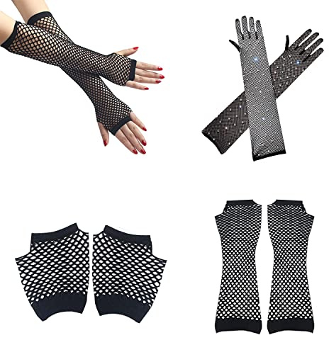 LSYYSL 3 par långa och korta näthandskar, fingerlösa meshhandskar i vintagetyg, elastiska 80-talshandskar med ljusa diamanter för temafester, barer., svart, M