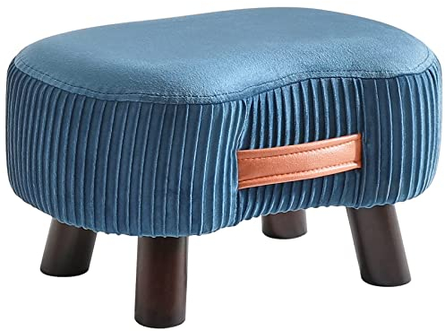 YMYNY Fußhocker, Sitzbank mit Griff, Gebogener Tritthocker mit weichem Sitzkissen, Gepolsterter Hocker aus Samt, Massivholz, platzsparend, für Wohnzimmer, Schlafzimmer, 40 x 28 x 23 cm, Blau HBD021Q