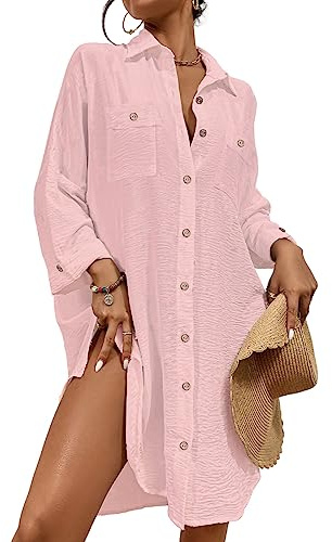 Bsubseach Täckande badkläder för damer, övertäckningsplagg, modern tunika, blus med knappar, skjortklänning, topp, Rosa, M stor