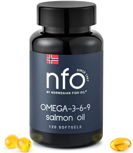 NFO OMEGA 3 6 9 SALMON OIL [120 Mini Kapseln] Norwegische Omega 369 Lachsöl Kapseln mit EPA, DHA, DPA in TG, Omega 3 Kapseln hochdosiert, Omega 3 Öl Aminosäuren Komplex, Omega 3 Fischöl Kapseln, 14+ J