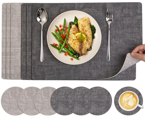 Tischsets Abwaschbar Leder & Untersetzer - 6er Set Doppelseitigen Platzset Wasserdicht Tischuntersetzer rutschfest Hitzebeständig für Hause Restaurant Premium Hotel 43x30 cm (Grau & Beige)