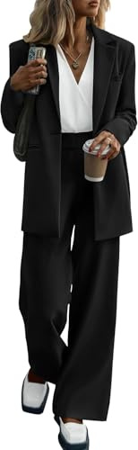 Suncadmious Autunno delle Donne Due Pezzi Abiti Blazer Giacca e Pantaloni a Gamba Larga Tasche Business Abito Casual Set (Nero,M)