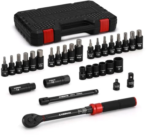 CASOMAN 31PCS 3/8 Dr. Torque Wrench Set, 5-60Nm 72tooth Torque Wrench for Bicycle & Motorcycle, with Extension Bar, Adapters, Magnetic Spark Plug Sockets, Bits and Shallow Sockets