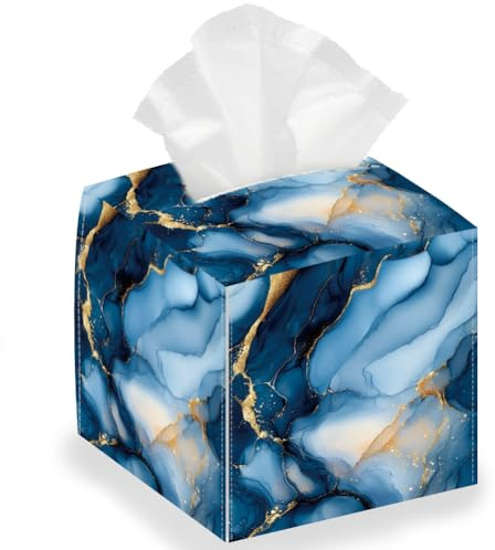 DELORIGIN Blue Marble Square Tissue Box Holder, Foldable Tissue Storage Box, Waterproof Paper Towel Case, Organizer