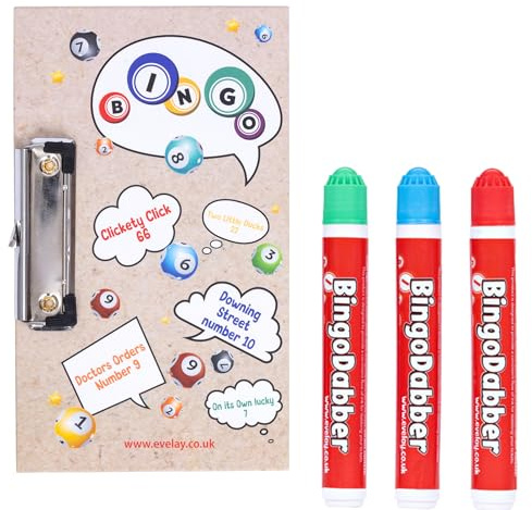evelay Bingo Board & 3 Coloured Dabbers Clasp Clip Small Lucky Clip Board Colourful