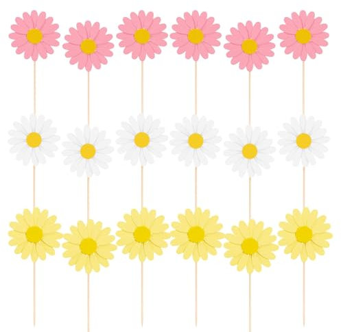 18 Gänseblümchen Tortendekoration,Gänseblümchen Blumen Papier Dekoration,Blumen Papier Tassen Tortendekoration,oder Happy Birthday Party Hochzeitstorte,Mädchen,Kinder,Weiß +Pink+Gelb