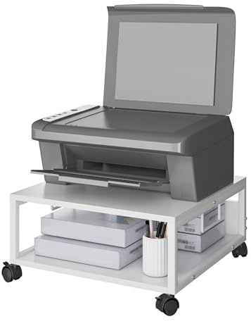 IBUYKE TLJ008W Support d'imprimante de bureau à 2 niveaux avec roulettes, table roulante robuste avec dossiers de rangement, pour livres, fax, scanner, bureau à domicile