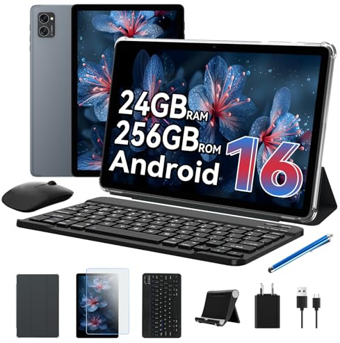 TABWEE T20 Android 16 Tablet con Teclado - 24 GB RAM+ 256 GB ROM(2 TB TF), Octa-Core, Gemini AI, Widevine L1, Tablet 10 Pulgadas, 5000mAh, 8MP+5MP, Face ID, GPS (Garantía de 4 años)
