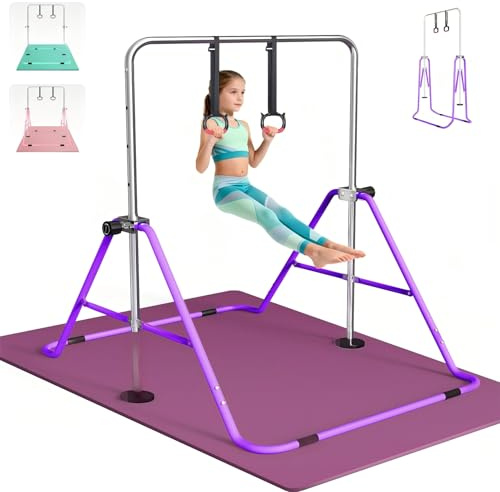 FBSPORT Barra de Gimnasia Artistica para Niñas con Tapete, Altura Ajustable y Anillos, Plegable Equipo de Gimnasia para Entrenamiento en Casa, Barra de Entrenamiento de Gimnasia Expandible Junior