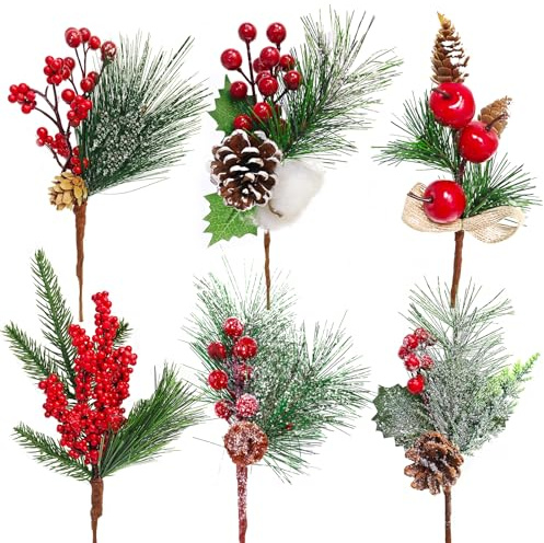 Morofme 6 rami di abete artificiali con bacche rosse, rami di Natale con pigne, cotone, foglie, ciliegia per ghirlande natalizie fai da te, decorazioni per albero di Natale