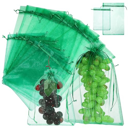 Lurrose Red de Malla Verde para Protección de Frutas y Verduras, 50 Bolsas Cordón, Medidas Mixtas, Protege contra Insectos y Aves, Uso en Huertos y Jardines Domésticos