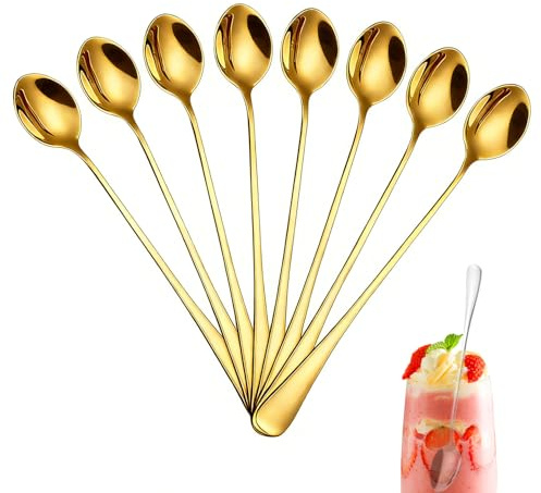 8 styck Gyllene isskedar av rostfritt stål – 20 cm lång sked för kaffe, desserter, glass, diskmaskinställning