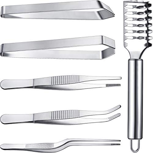 6 Stücke Fisch Grätenpinzette Set Beinhaltet Edelstahl Zangen Pinzette Fisch Skala Scraper Polituren Flach und Slant Pinzetten Zange für Koch Kochgeschirr, Meeresfrüchte, Beauty Werkzeuge