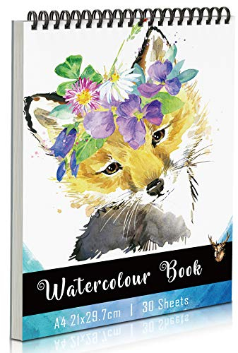 Aquarellpapier A4 Aquarellblock, KidsPark Zeichenblock A4 300g, 30 Blatt Watercolor Paper Ringbuch Skizzenbuch Malblock für Aquarell mit Spiralbindung