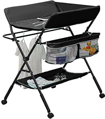 MeJa Baby Changing Table,Baby Changing Unit, Portable Folding Adjustable Changing Tables, Infant Care Station with Wheels and Storage, Diaper Organizer Station Table(Black)