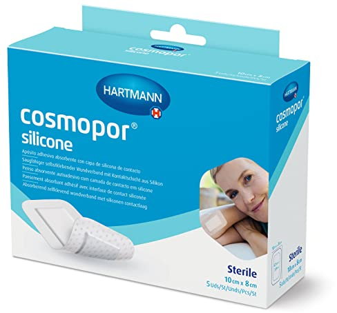 Cosmopor Silicone: Apósito Estéril con Capa de Contacto de Silicona; Retirada Indolora; 10x8cm; 5 Unidades