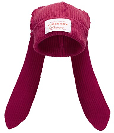 Bonnets tricotés à Longues Oreilles de Lapin Mignonnes, en Peluche Amusant, pour Hiver, Duveteux, Chaud tricoté, Bonnet de Lapin en Crochet, Bonnet Souple pour extérieur, Rose/Rouge, Taille Unique