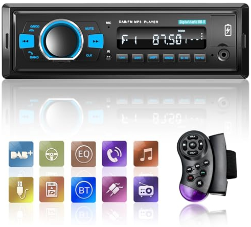 Radios DAB Autoradio 1 Din mit Bluetooth 5.0 / EQ Audio/Bluetooth Anruf/FM Radio/USB Ladefunktion/Tastenbeleuchtung/TF SD Kartenanschluss/AUX Eingang + telecomando SWC