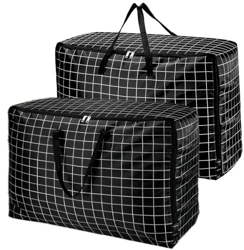 2 Pcs Large Storage Bag 105L Wardrobe Heavy Duty Laundry Storage Bags with Zipper Oxford Cloth Duvet Storage Bag King Size Moisture Proof Black White Plaid Duvet Bags Sturdy Large Storage Bags