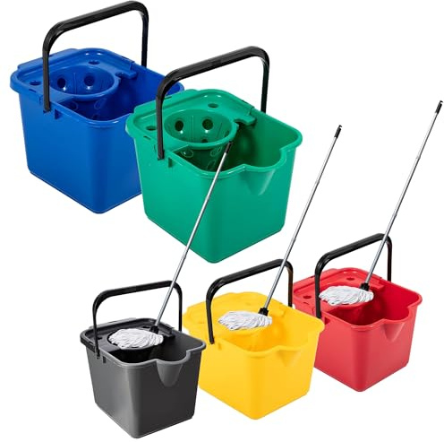 12L Blue, Green, Yellow, Red Or Metallic Cotton Mop & Bucket Set With Pouring Lip For Cleaning Floors & Tiled Surfaces (Blue - Mop & Bucket, 1 Set)