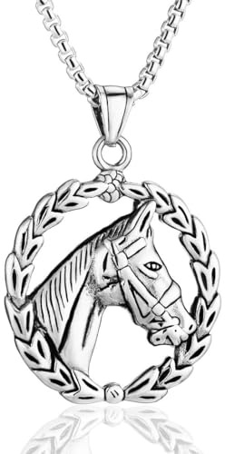 Fachoice Horse Head Circle Pendant for Men Punk Horse Hollow Necklace, Horse Head Olive Wreath Necklace Men’s Celtic Horse Animal Jewelry Vintage Warrior Horse Charm Necklace (Silver)