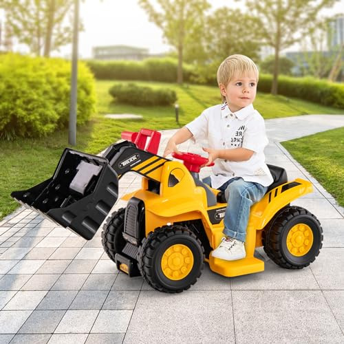 COSTWAY Coche Eléctrico Excavadora para Niños, Juguete Eléctrico con Cubo de Excavación Controlable, Efectos de Sonido, Aro de Baloncesto Plegable y 3 Pelotas, para Niños de 2+ Años