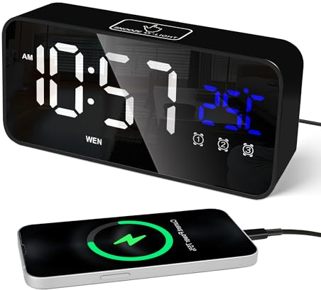 Lafocuse Reloj Despertador Digital con Temperatura y Fecha, Pantalla LED Grande con 3 Alarma, 25 Música, 2 Puerto de Carga USB, Brillo Volumen Ajustable, Snooze, 12/24 Horas, Reloj Mesa, Negro