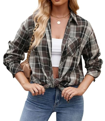 seiveini Camicetta a Quadri da Donna Camicia a Maniche Lunghe con Bottoni Camicia Scozzese Casual Top Camicia a Quadri con Tasca Camicia Casual Blusa in Flanella Streetwear B caffè S