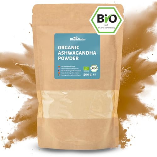 RheinNatur Bio Ashwagandha Pulver 500 g - 100% Bio - Ideal für Ashwagandha-Tee, Smoothies & Müsli - Enthält Mineralstoffe, Vitamine & Antioxidantien