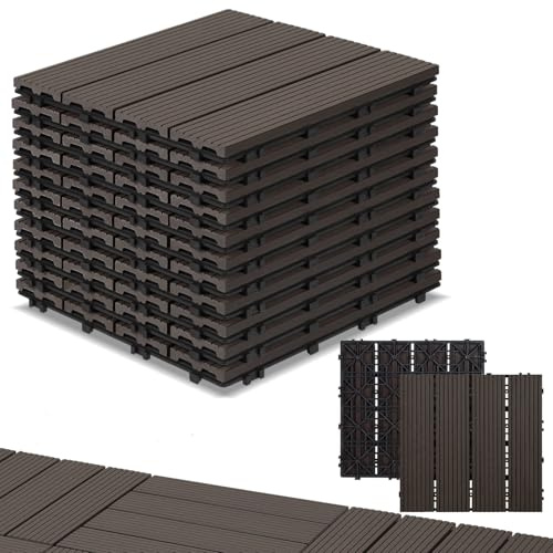 Randaco WPC terrassplattor, set om 66 för 6 m² 30 x 30 cm WPC plattor balkongplattor terrass med dränering och klicksystem, lätt att lägga på, vattentät och halkfri, kaffe