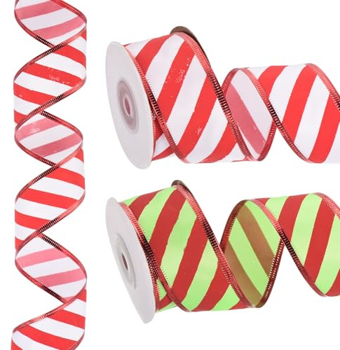 PATIKIL 20 meter x 3,8 cm randigt band, trådbundet band satin presentförpackningsband för julhantverk födelsedag bröllop festival krans, röd vit/röd grön